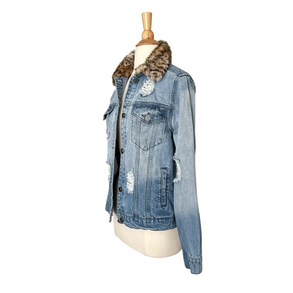 Guns N’ Roses Distressed Denim Trucker Band Jacket Leopard Faux Fur Collar M - Picture 5 of 15